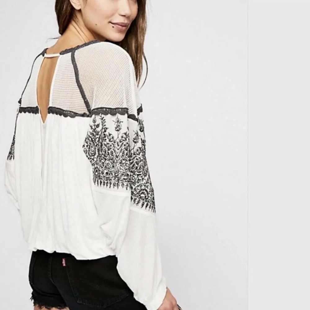 Free People Carly Embroidered Flowy Boho Style Top With A Cropped Bubble Hem